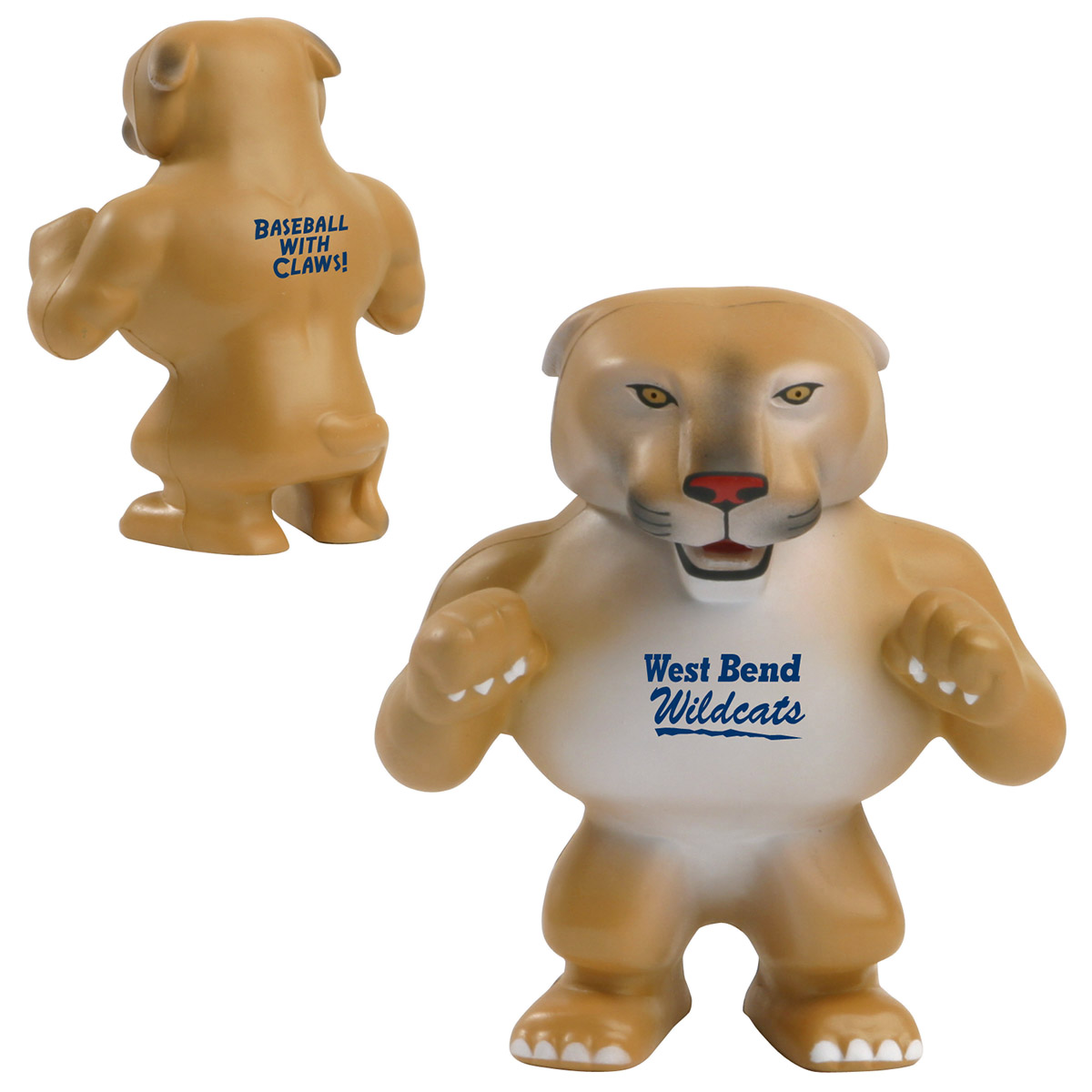 Wildcat-Cougar Mascot Shaped Stress Reliever, soft squeezable foam design in a wildcat-cougar mascot shape, designed for stress relief and promotional giveaways.
