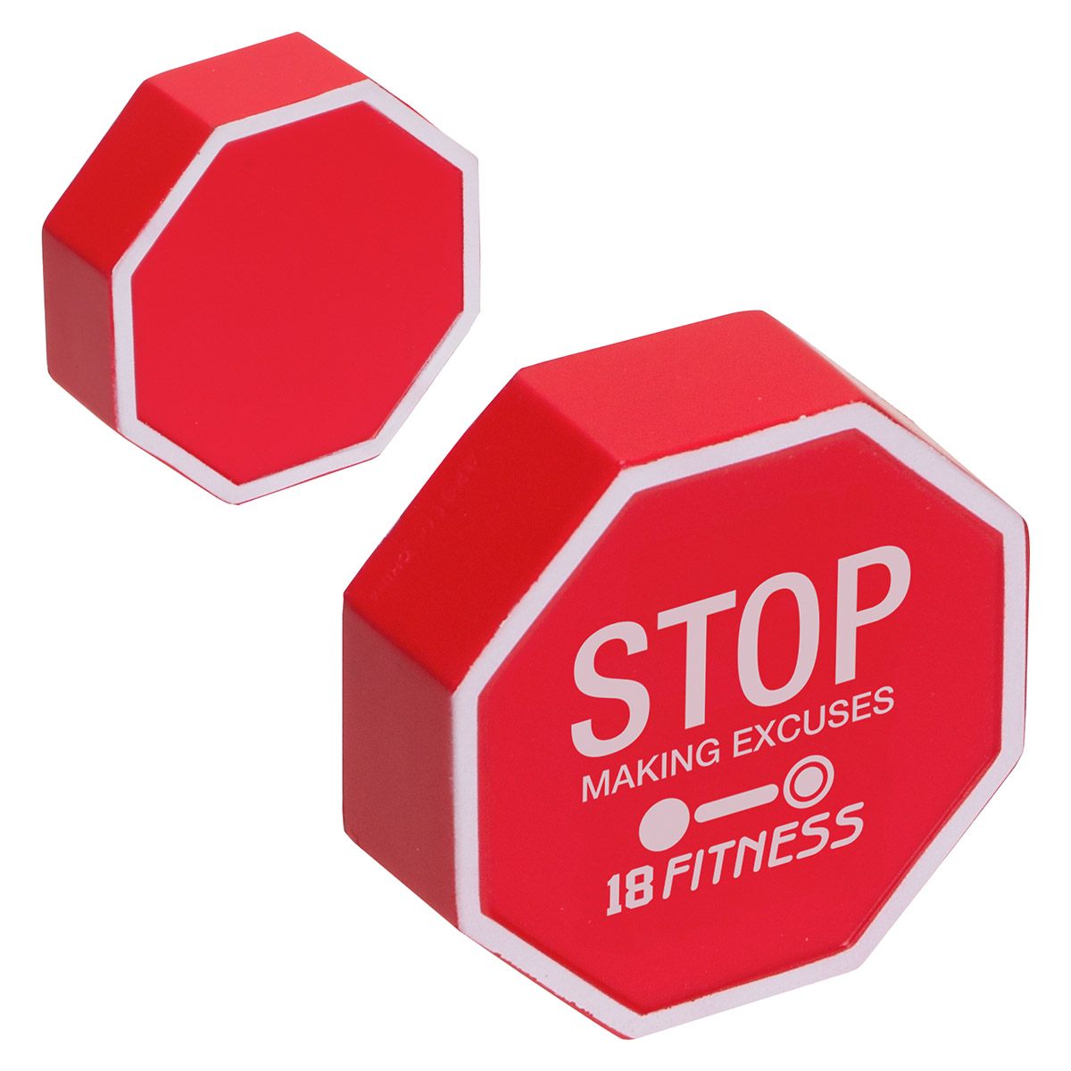Red stop sign-shaped polyurethane stress reliever without "Stop" text, featuring a simple octagonal traffic sign design for safety and transportation promotions.