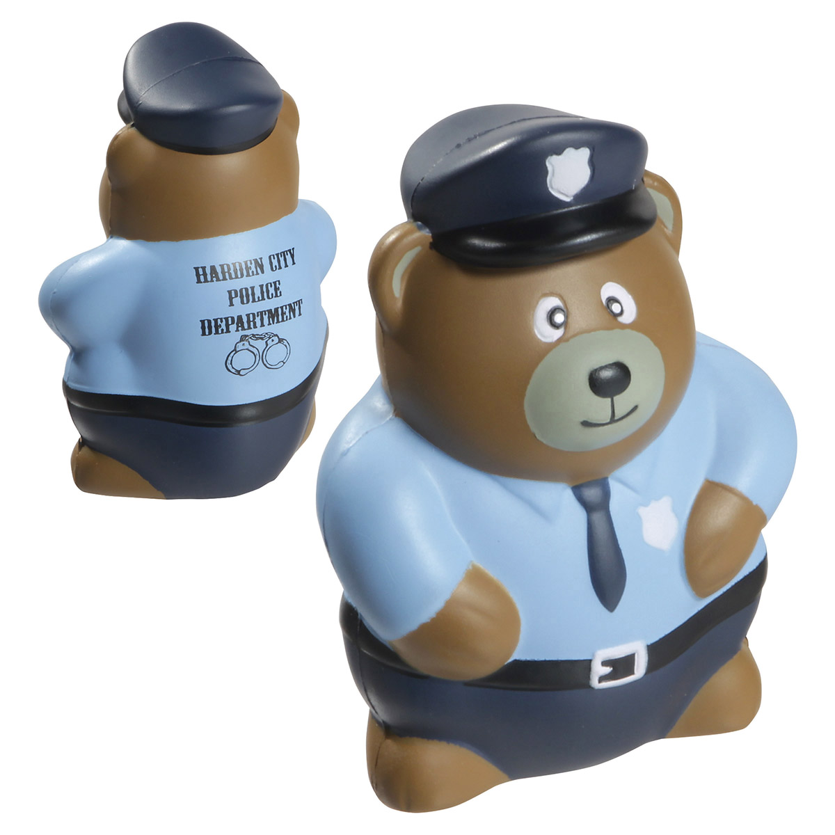 Police bear-shaped polyurethane stress reliever wearing a police uniform-inspired design with a friendly bear character appearance.