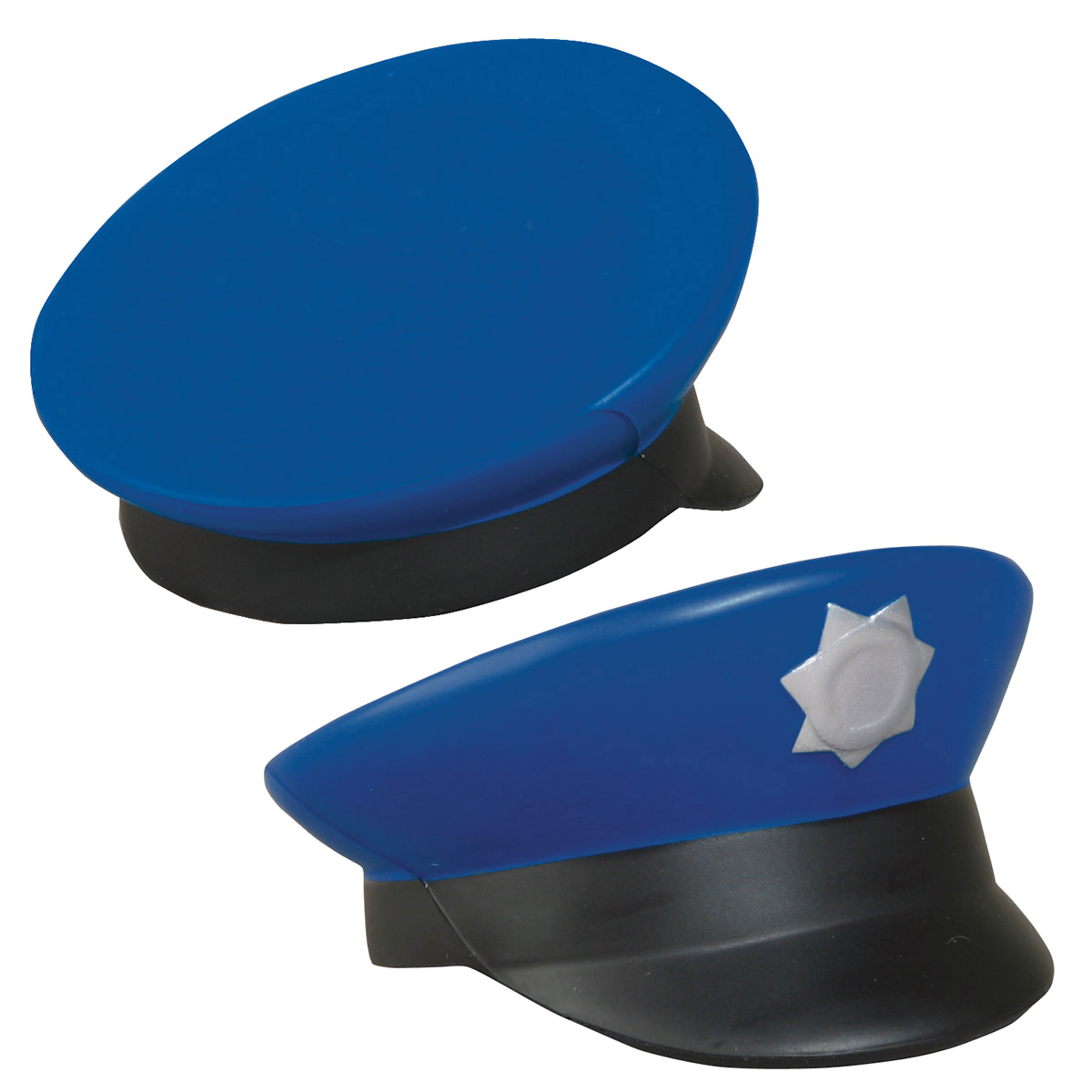 Black police cap-shaped polyurethane stress reliever featuring a law enforcement-inspired design for promotional and public safety events.