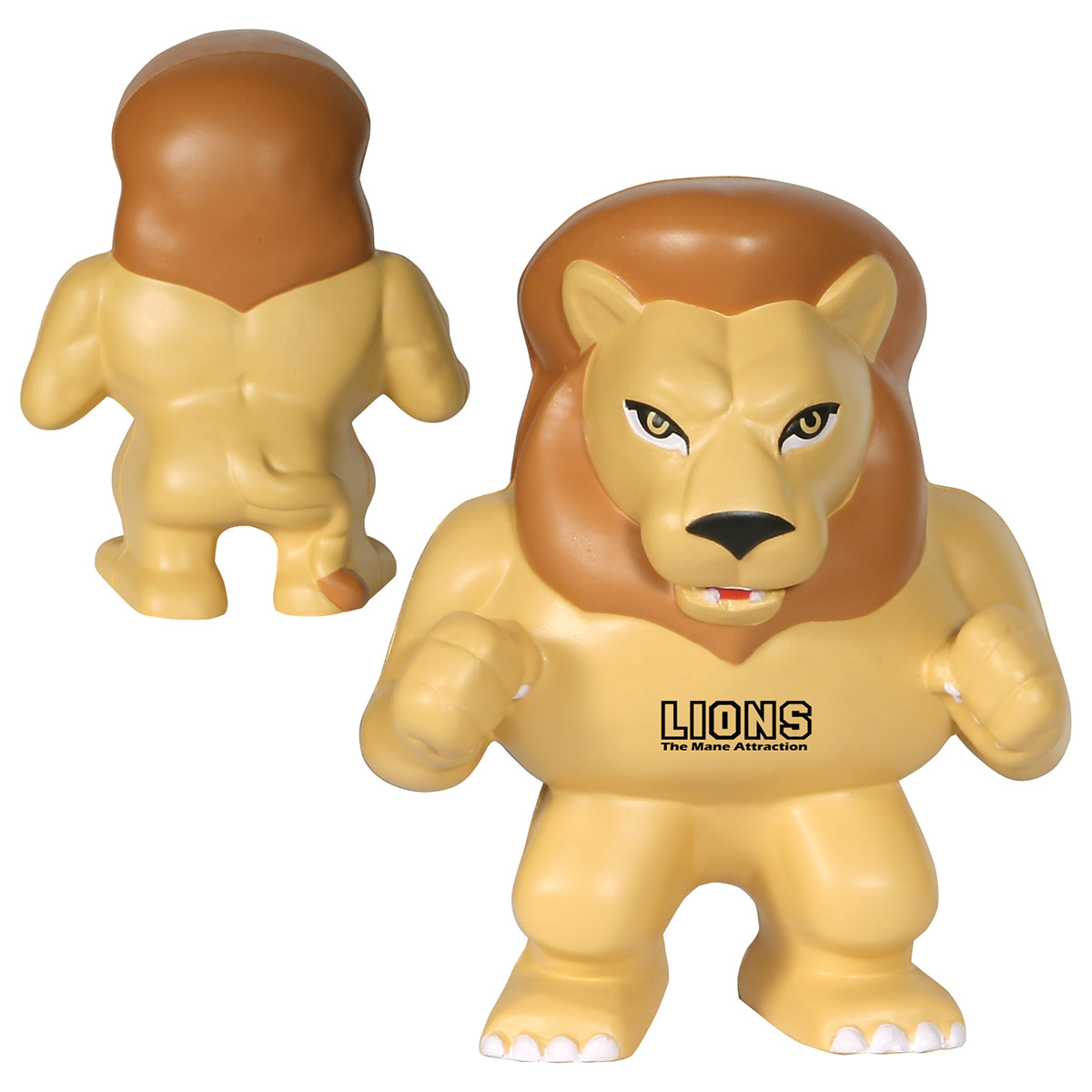 Lion mascot-shaped stress reliever made of soft, squeezable material, featuring a compact animal design for stress relief and desk use.