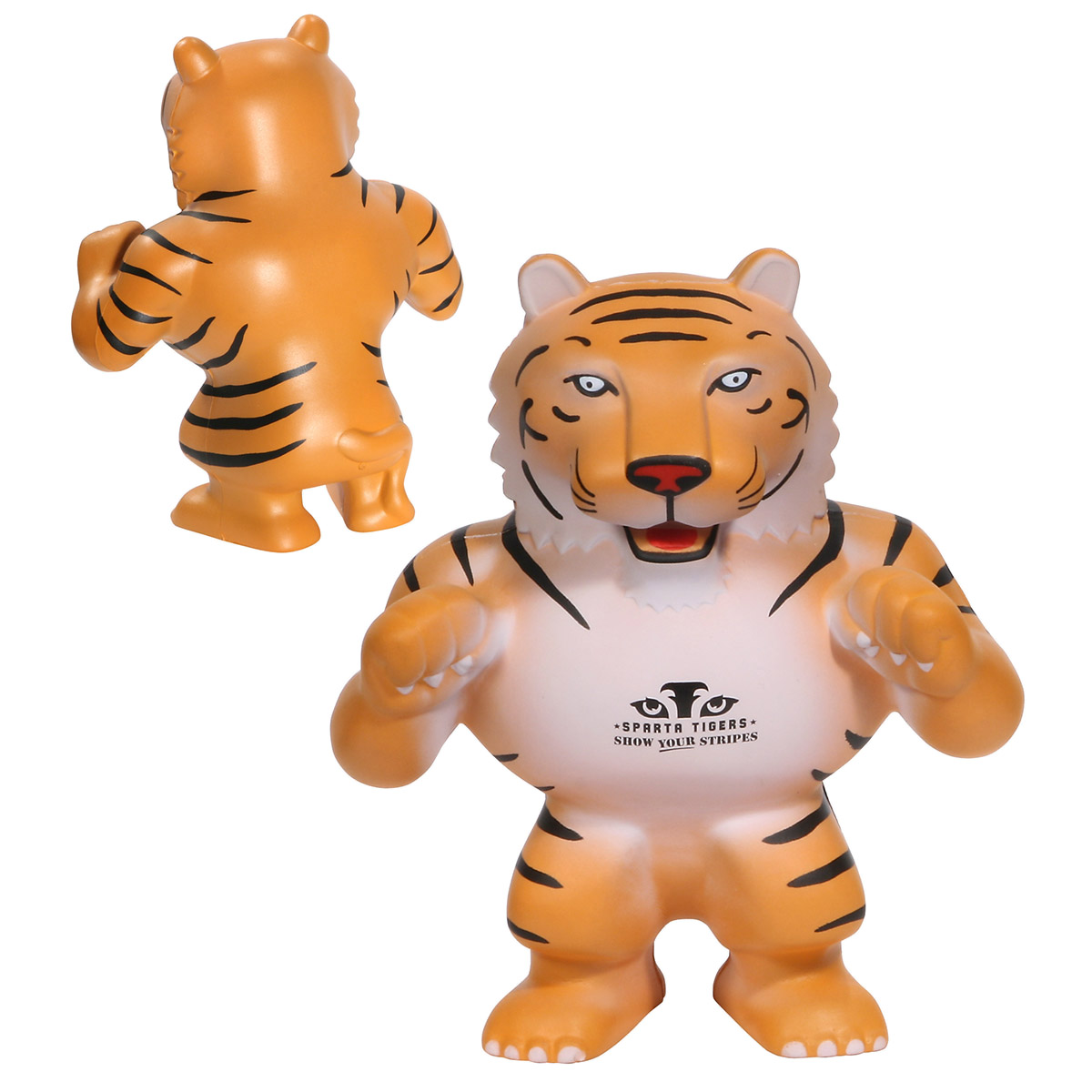 Tiger Mascot Shaped Polyurethane Stress Reliever in a soft, squeezeable tiger design, featuring a compact mascot shape for desk use, stress relief, and promotional giveaways.