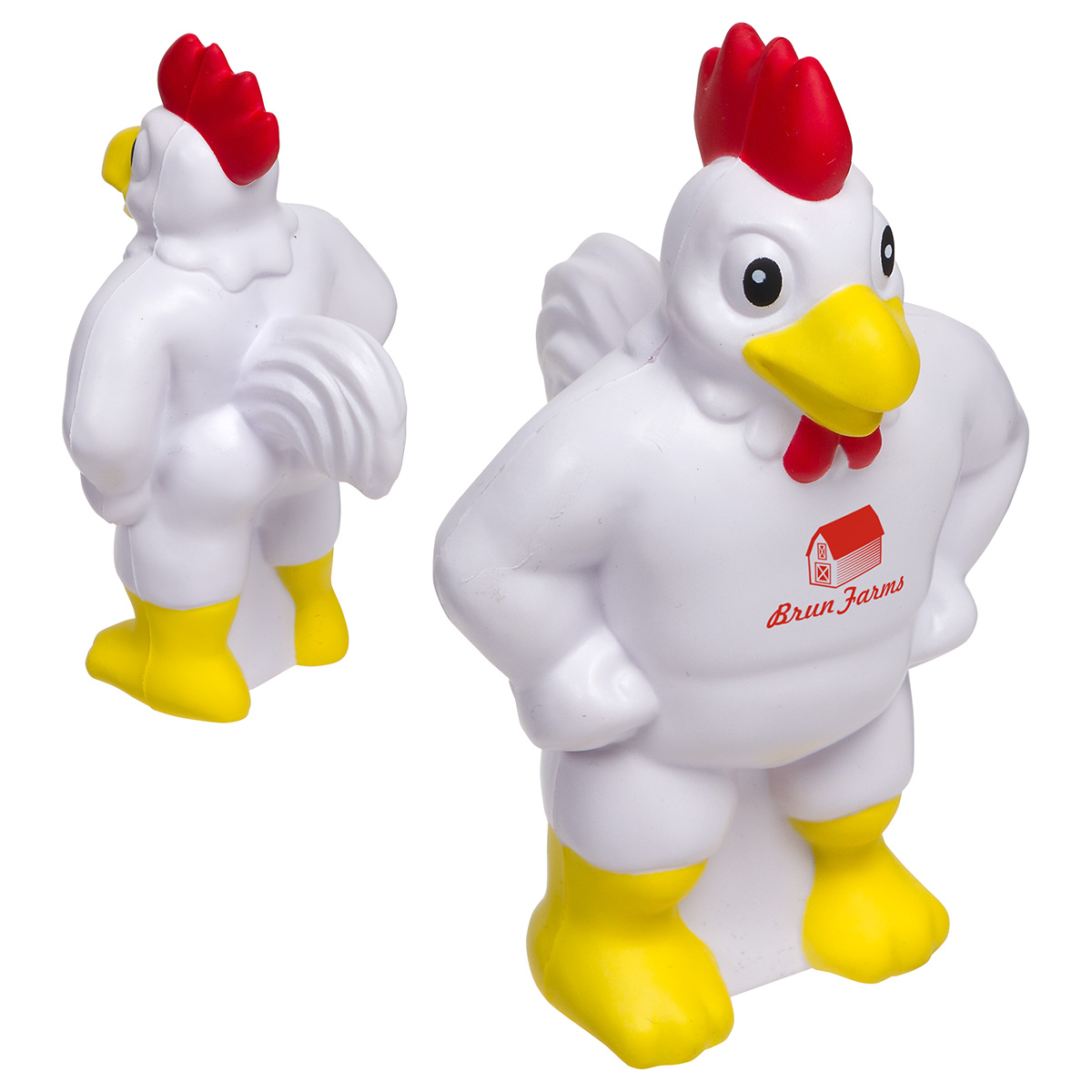 White chicken mascot-shaped polyurethane stress reliever with a playful farm-inspired design for promotional giveaways and events.