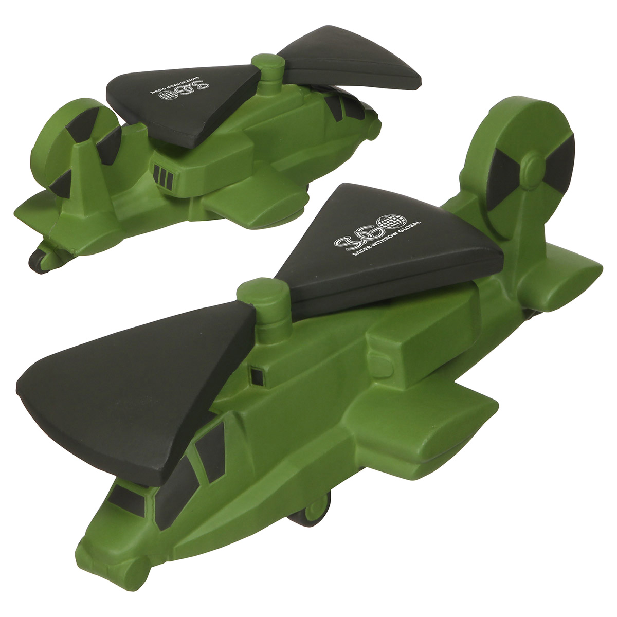 Green military helicopter-shaped polyurethane stress reliever featuring an aviation-inspired design for military, aerospace, aviation, and promotional events.