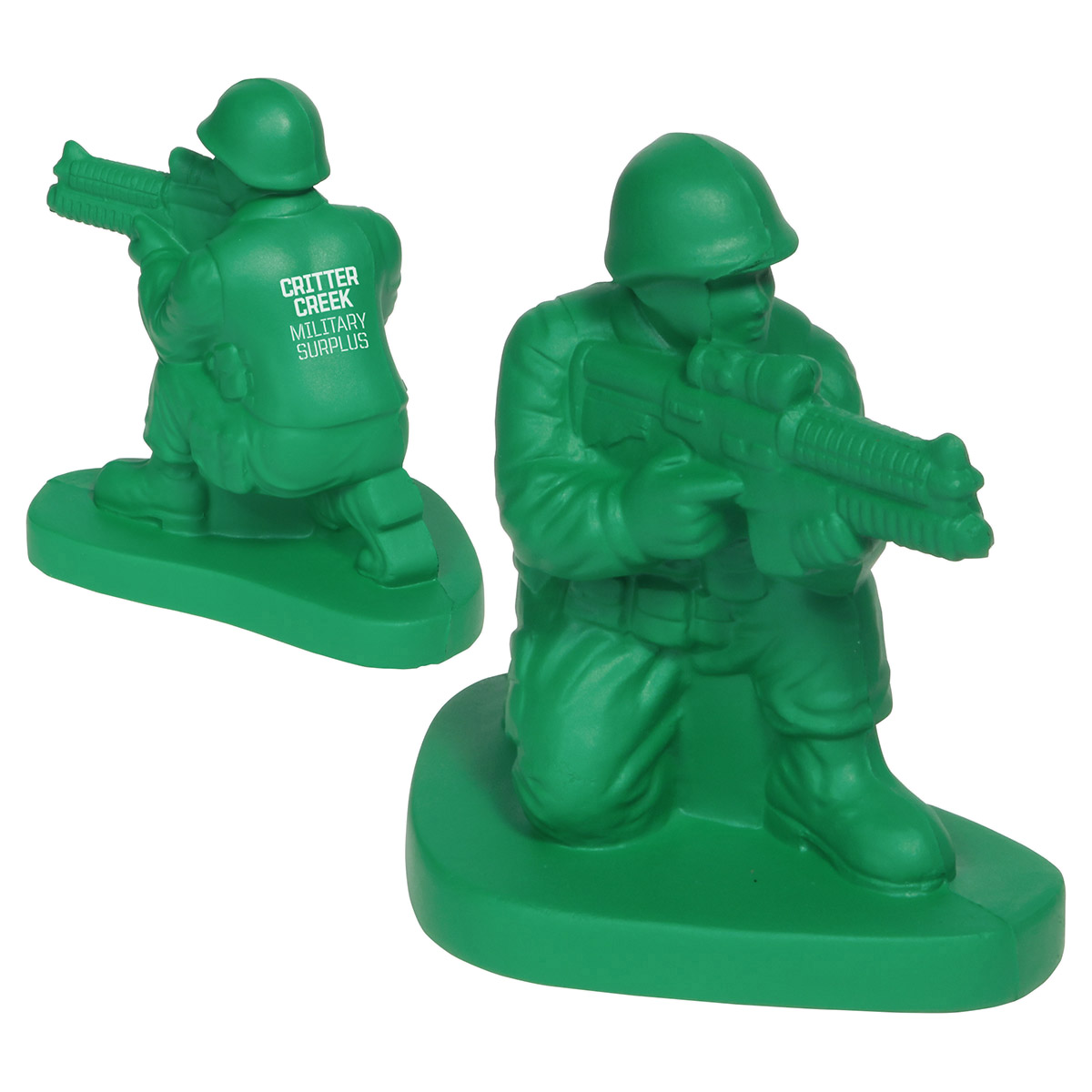 Army man-shaped polyurethane stress reliever with a character-style design and customizable imprint areas for promotional branding.