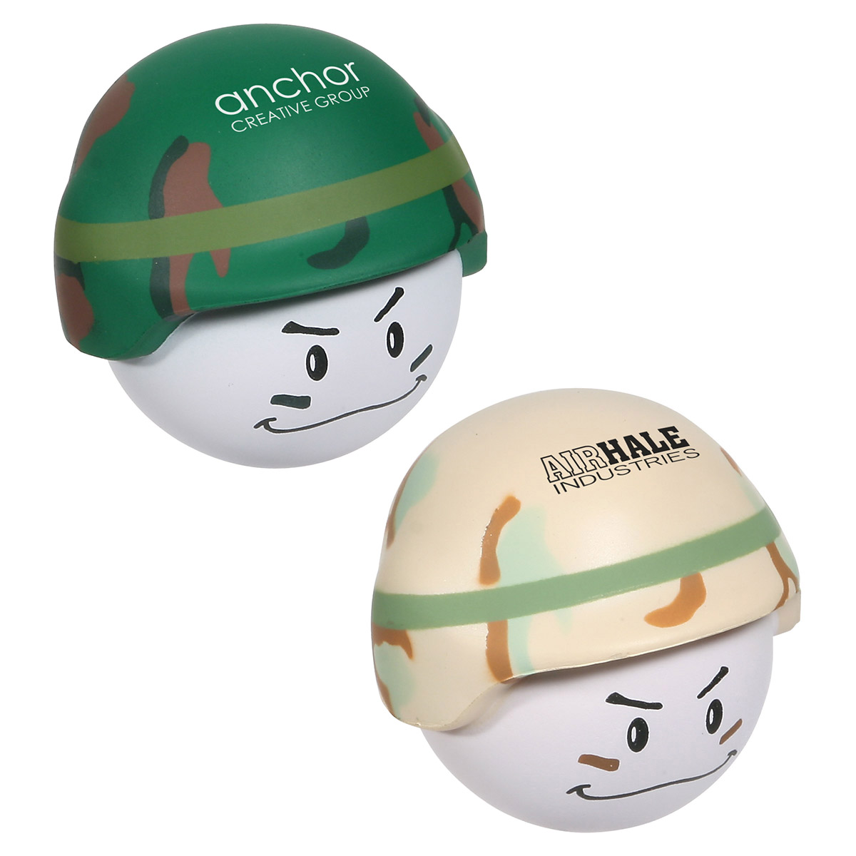 Dark green and Khaki soldier-themed mad cap polyurethane stress reliever with a stock face design and imprint areas for promotional branding.
