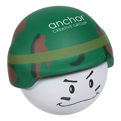 Dark green soldier-themed mad cap polyurethane stress reliever with a stock face design and imprint areas for promotional branding.