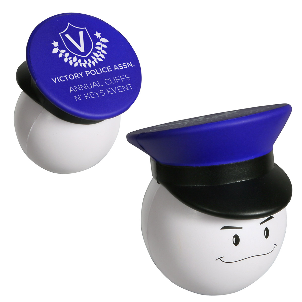 oliceman mad cap polyurethane stress reliever with a character-inspired design and customizable imprint areas.