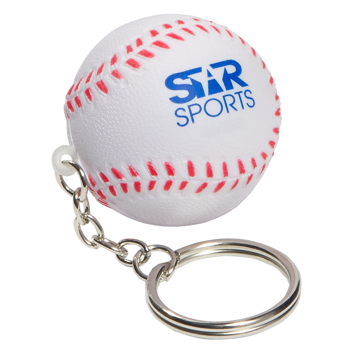 Baseball-shaped polyurethane stress reliever key chain with a compact design and customizable front imprint area.