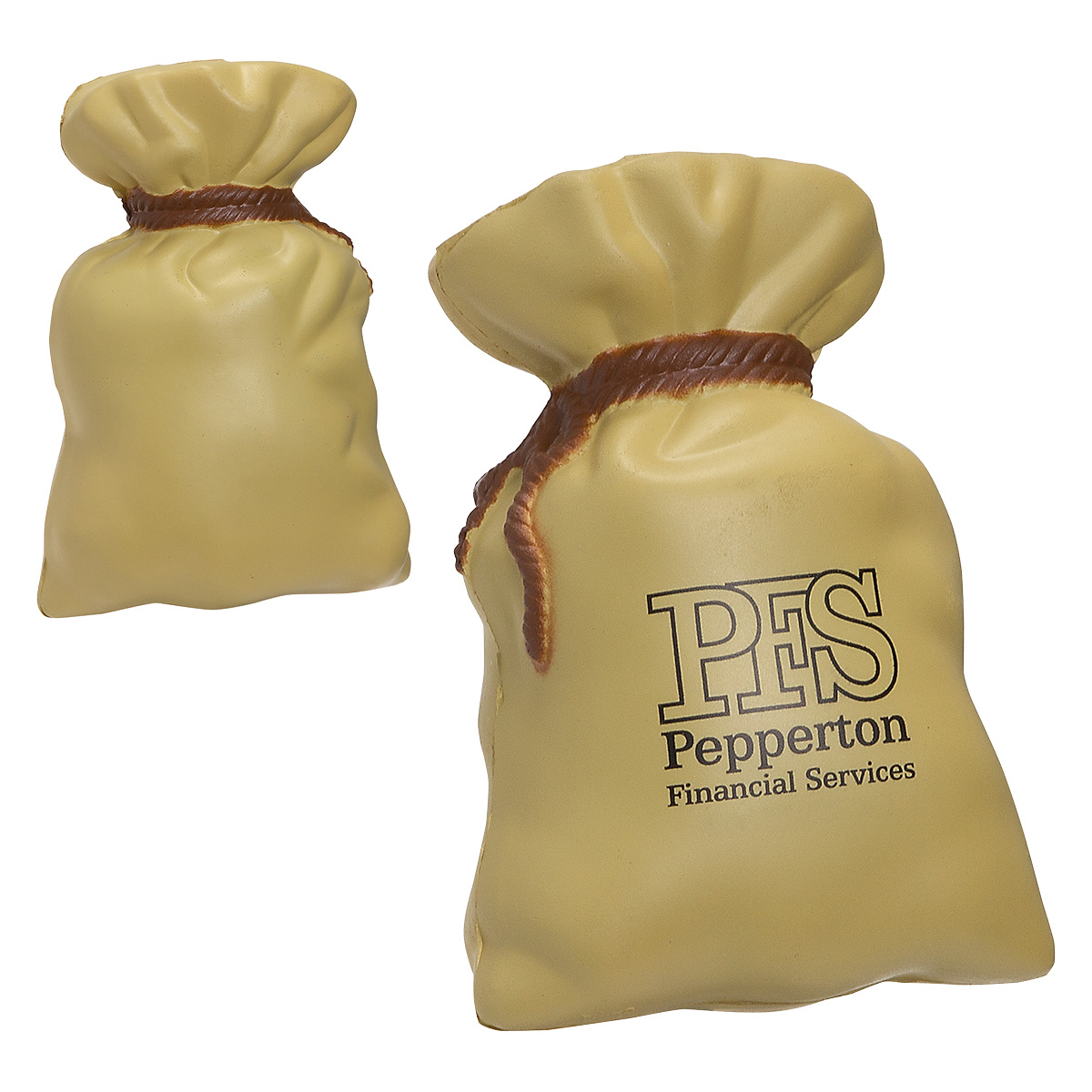 Money Bag Shaped Polyurethane Stress Reliever featuring a compact gold money bag design with a tied top and soft polyurethane foam construction, designed as a squeezable desk accessory for relieving everyday stress.