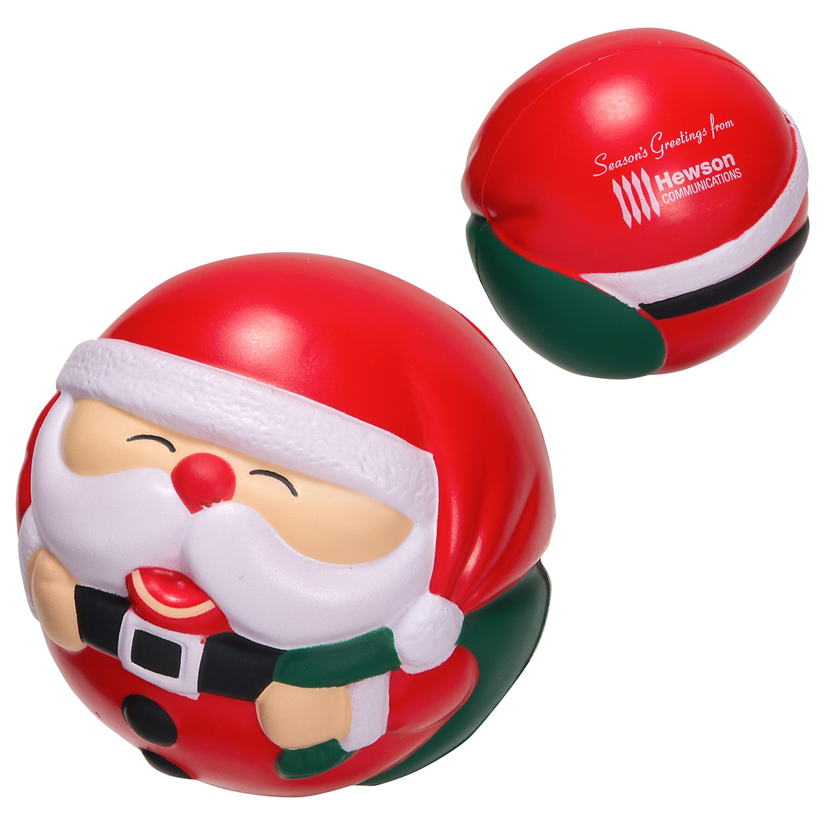 Santa Claus ball-shaped polyurethane stress reliever with a festive holiday design, ideal for Christmas promotional giveaways and seasonal events.
