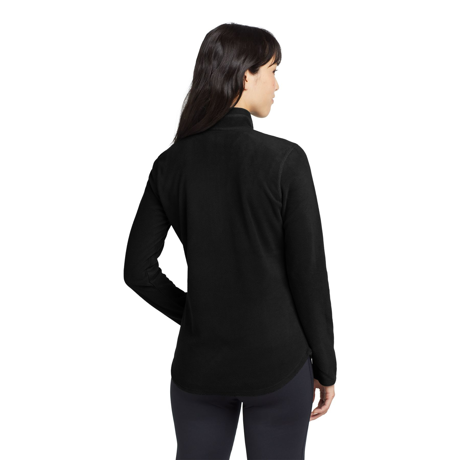 Black Eddie Bauer women's lightweight 1/2-zip microfleece jacket with low-pill finish, princess seams, reverse coil zipper, and open cuffs and hem for comfortable layering.