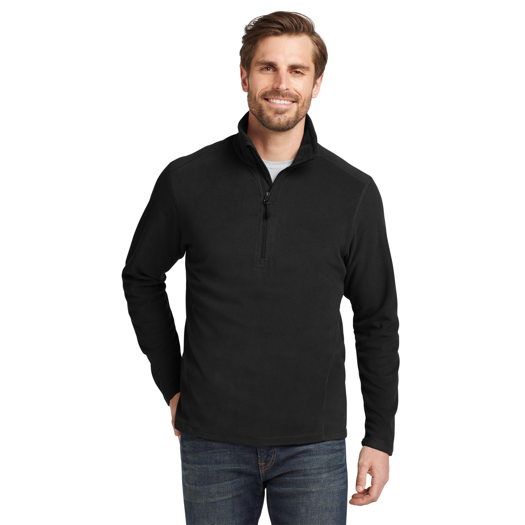 Black Eddie Bauer 1/2-zip microfleece jacket made from 100% polyester with a low-pill finish, reverse coil zipper, flatlock stitching, and open cuffs and hem.