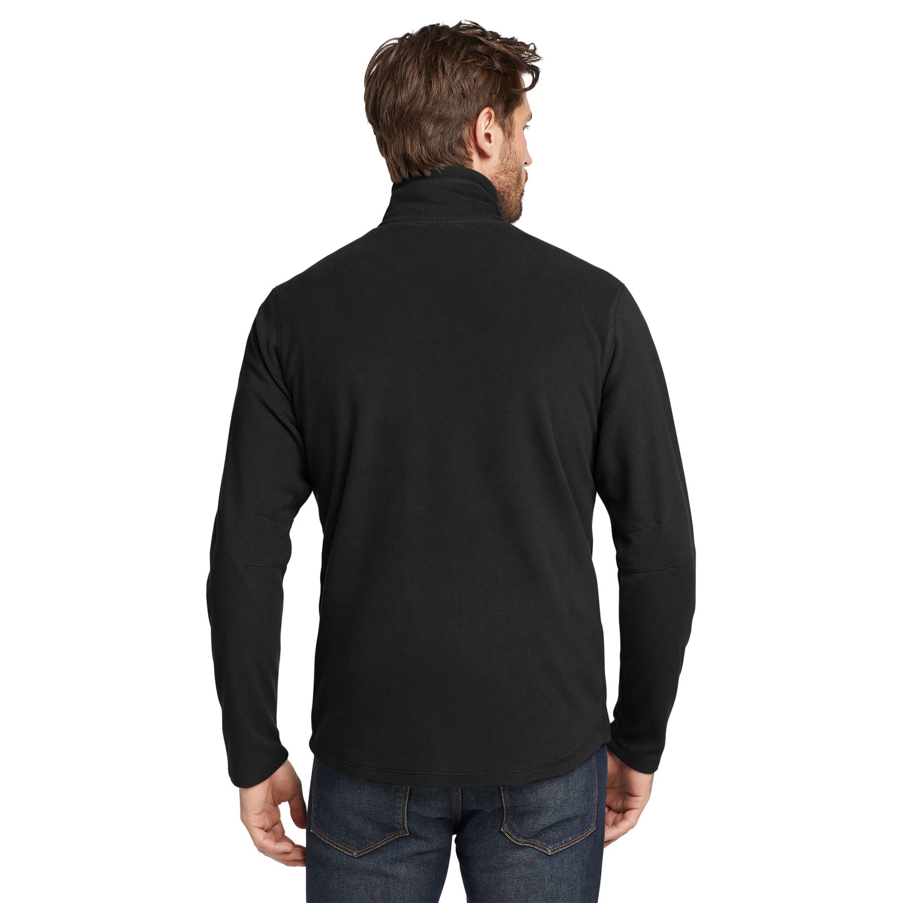 Black Eddie Bauer 1/2-zip microfleece jacket made from 100% polyester with a low-pill finish, reverse coil zipper, flatlock stitching, and open cuffs and hem.