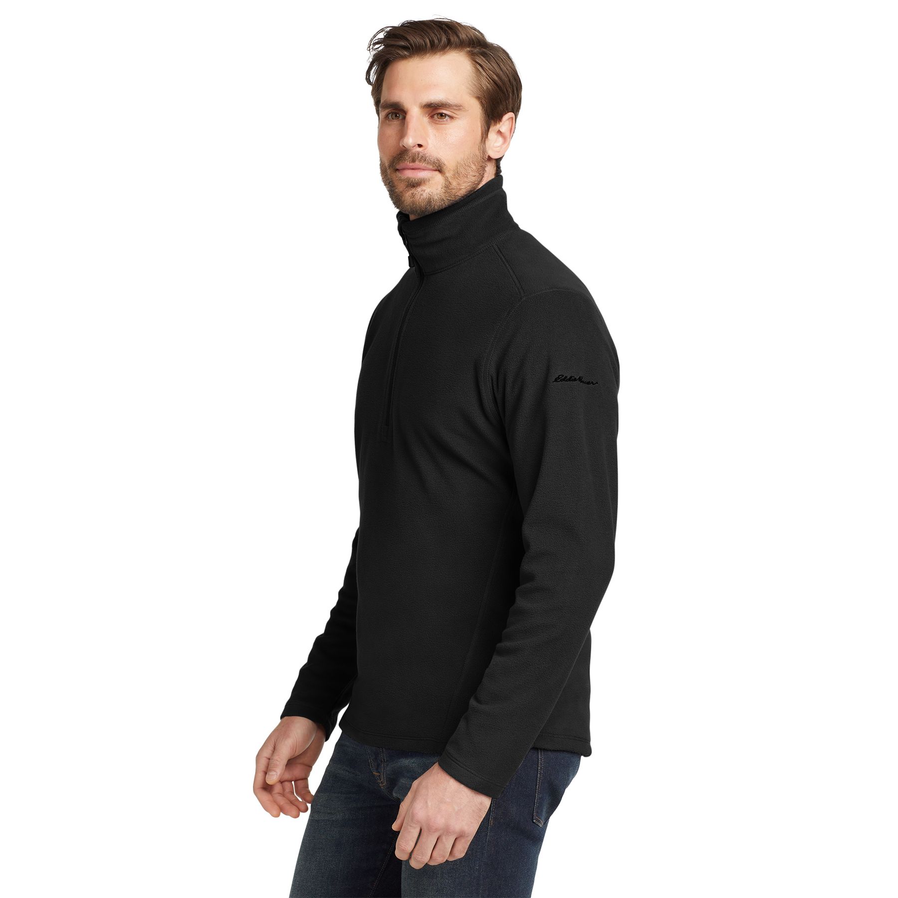 Black Eddie Bauer 1/2-zip microfleece jacket made from 100% polyester with a low-pill finish, reverse coil zipper, flatlock stitching, and open cuffs and hem.