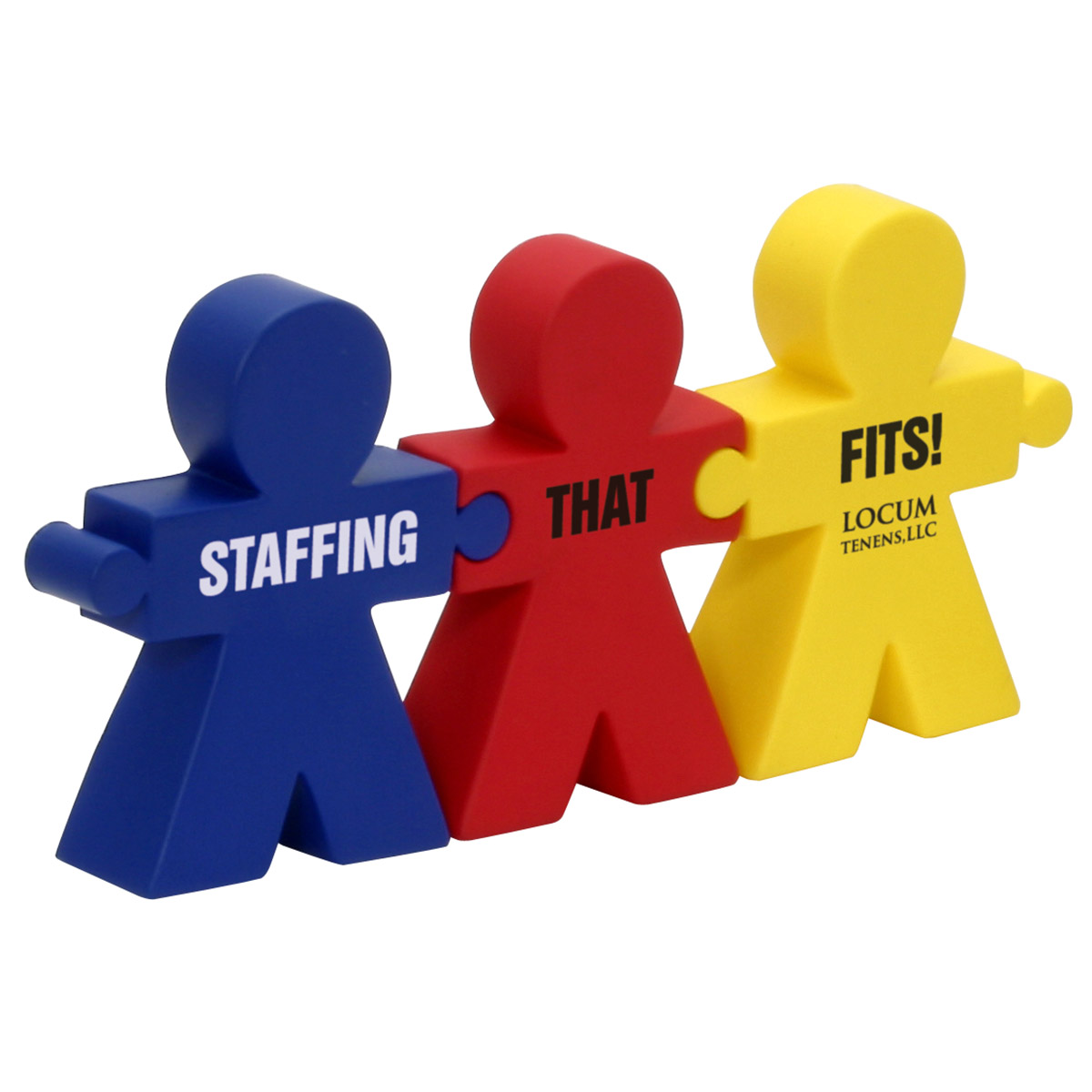 Person holding a colorful three-piece polyurethane teamwork puzzle stress reliever set during a team-building or corporate promotional event.