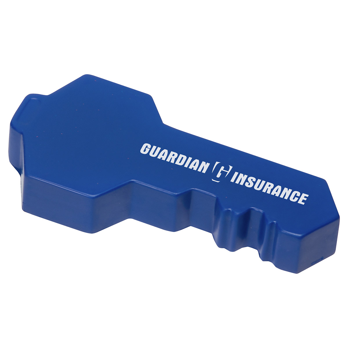 Blue key-shaped polyurethane stress reliever promotional product with a soft, squeezable design.