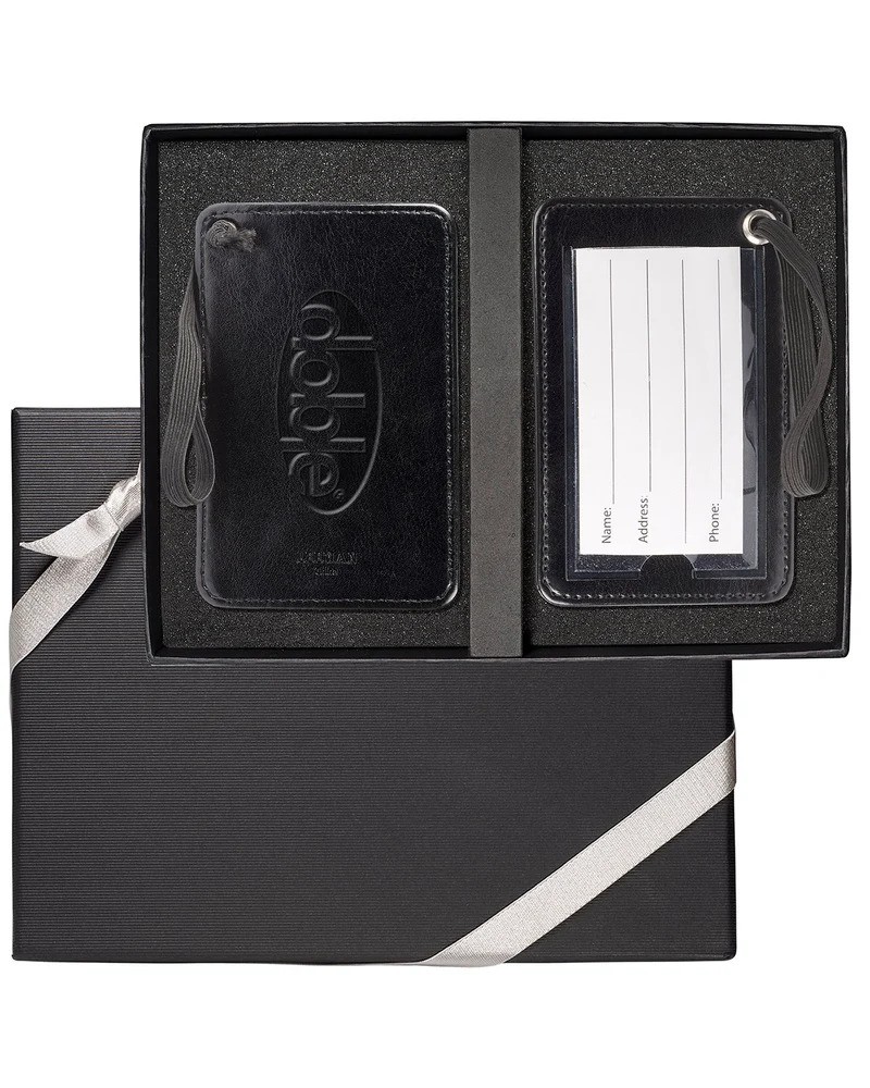 Two-piece luggage tag gift set with PU construction, clear PVC display windows, and elastic straps for easy baggage attachment.