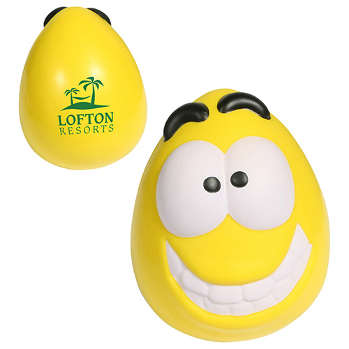 Happy-face stress reliever wobbler with a weighted base designed to wobble back and forth, suitable for promotional branding.