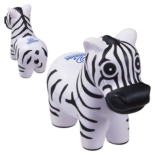 Zebra-shaped polyurethane stress reliever featuring a black-and-white striped animal design, created for squeezing and promotional use.