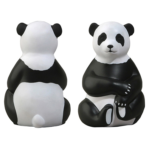 Sitting panda-shaped polyurethane stress reliever with a cute seated design and squeezable body for stress relief and promotional use.
