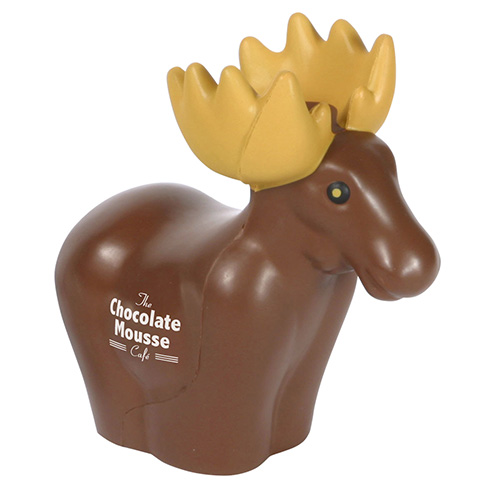 Moose-shaped polyurethane stress reliever with distinctive antlers, a friendly animal design, and squeezable body for stress relief and promotional use.