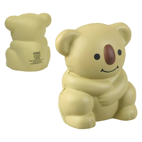 Koala bear-shaped polyurethane stress reliever with a cute animal design and squeezable body for stress relief and promotional use.