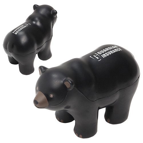 Black bear-shaped polyurethane stress reliever with a soft squeezable design for promotional giveaways and stress relief.