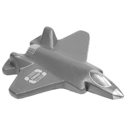 Fighter jet-shaped polyurethane stress reliever with a detailed aircraft-inspired design and soft squeezable construction for promotional use.