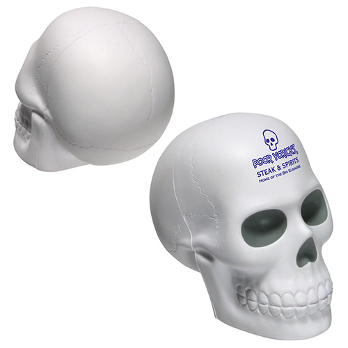 White skull-shaped polyurethane stress reliever with a soft squeezable design for promotional giveaways and themed events.