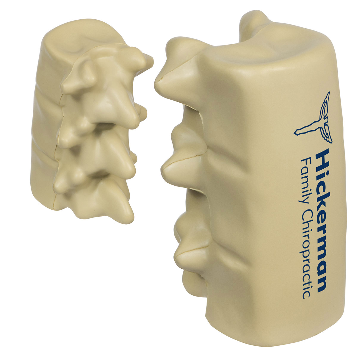 White spinal segment-shaped polyurethane stress reliever with a detailed spine-inspired design and soft squeezable construction for healthcare and wellness promotions.