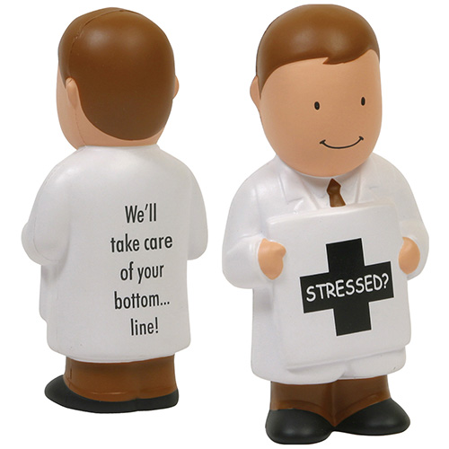 White physician-shaped polyurethane stress reliever with a soft, squeezable design for stress relief and healthcare promotional use.