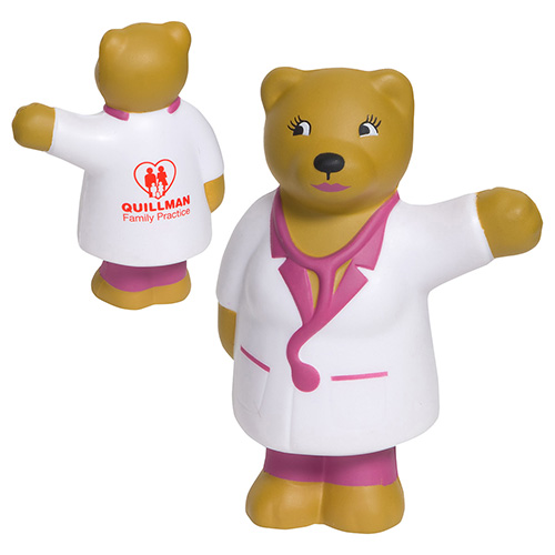White nurse bear-shaped polyurethane stress reliever with a soft, squeezable design and healthcare-themed appearance for promotional use.