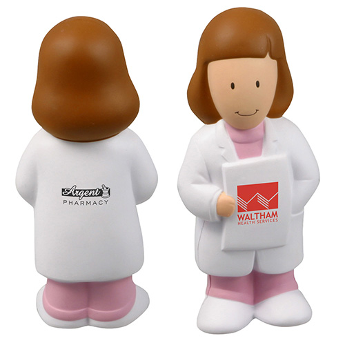 Female physician-shaped polyurethane stress reliever with a healthcare-themed design for medical, wellness, and healthcare promotions.