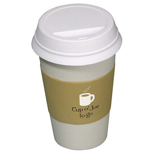 White to-go coffee cup-shaped polyurethane stress reliever with a simple promotional design.