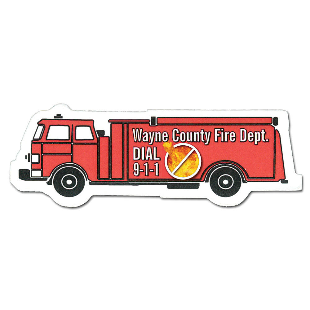 Full Color Fire Truck Shaped Magnet with vibrant red fire truck design, four-color digital printing, thin compact profile, and magnetic backing for displaying on refrigerators, lockers, filing cabinets, and other metal surfaces.