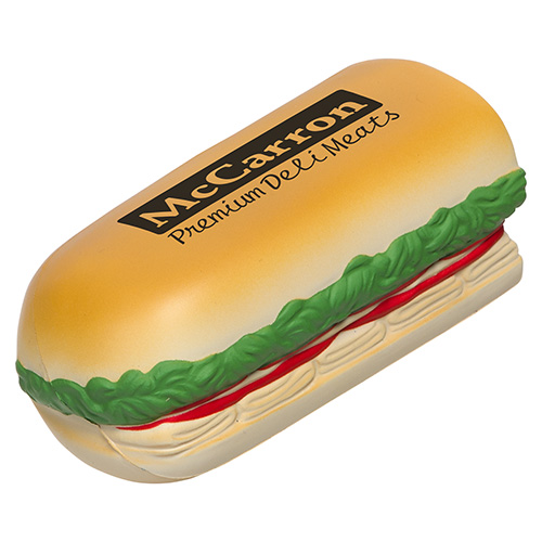 Sub sandwich-shaped polyurethane stress reliever with a realistic sandwich design and space for a promotional imprint.