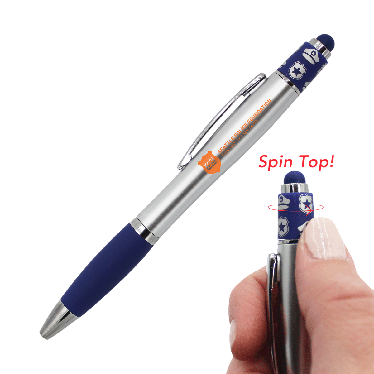 Police Spin Top Stylus Pen with police icon designs, chrome accents, a contoured barrel, fidget spin-top plunger, twist-action mechanism, and silicone touchscreen stylus tip, designed for writing and interactive use.
