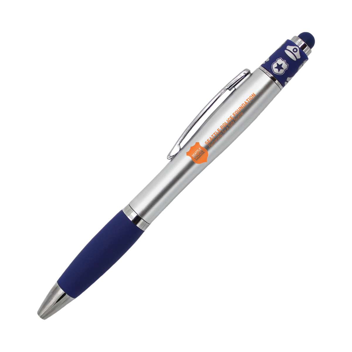 Police Spin Top Stylus Pen with police icon designs, chrome accents, a contoured barrel, fidget spin-top plunger, twist-action mechanism, and silicone touchscreen stylus tip, designed for writing and interactive use.