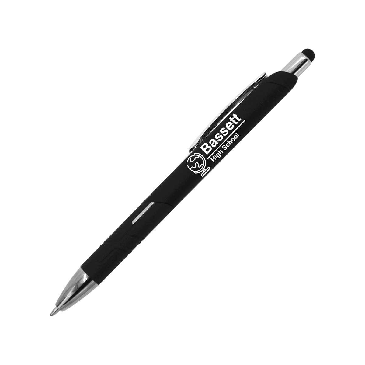 Black recycled plastic pen and stylus with chrome trim, black rubber grip, plunger-action ballpoint, and built-in NFC technology for wireless connectivity.