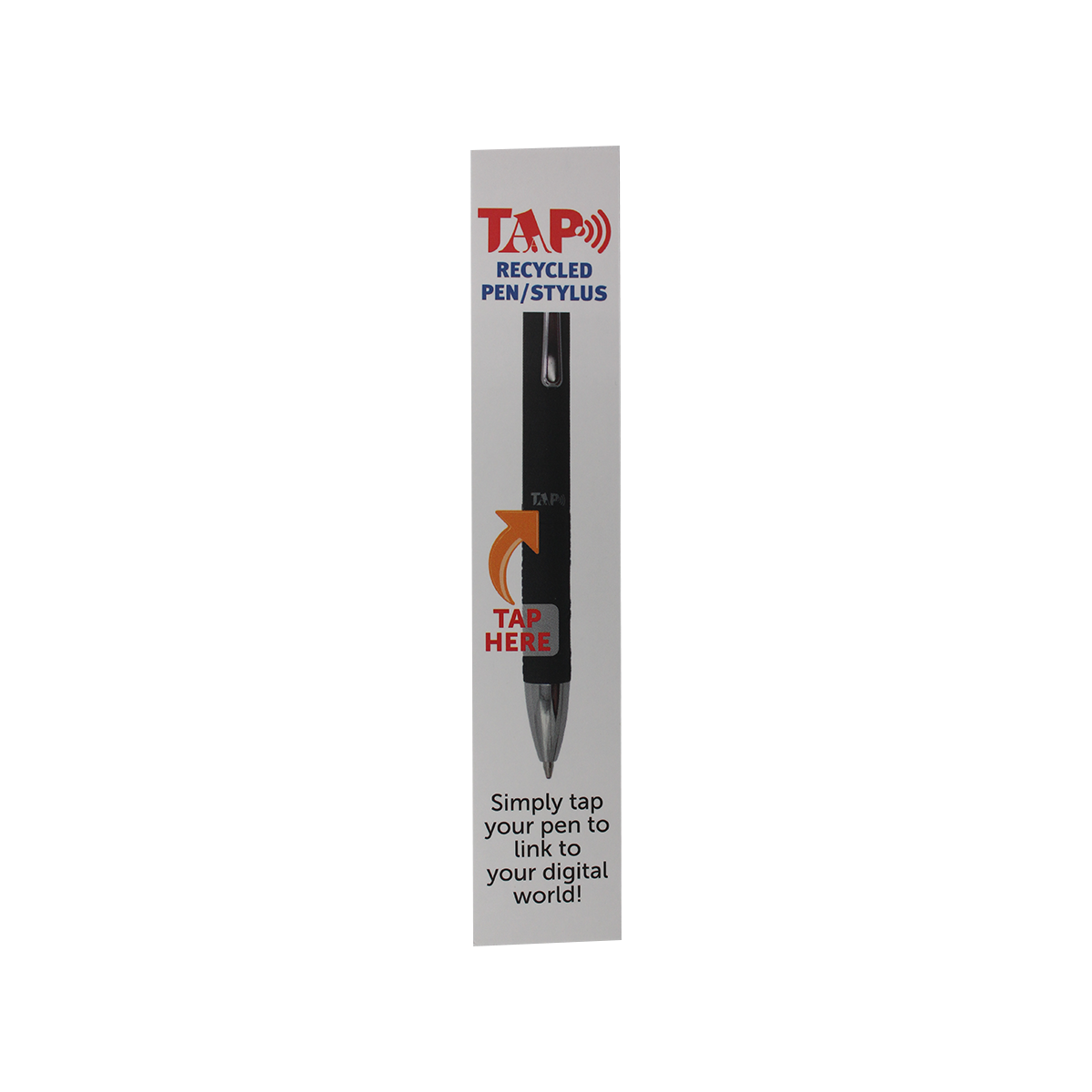 Black recycled plastic pen and stylus with chrome trim, black rubber grip, plunger-action ballpoint, and built-in NFC technology for wireless connectivity.