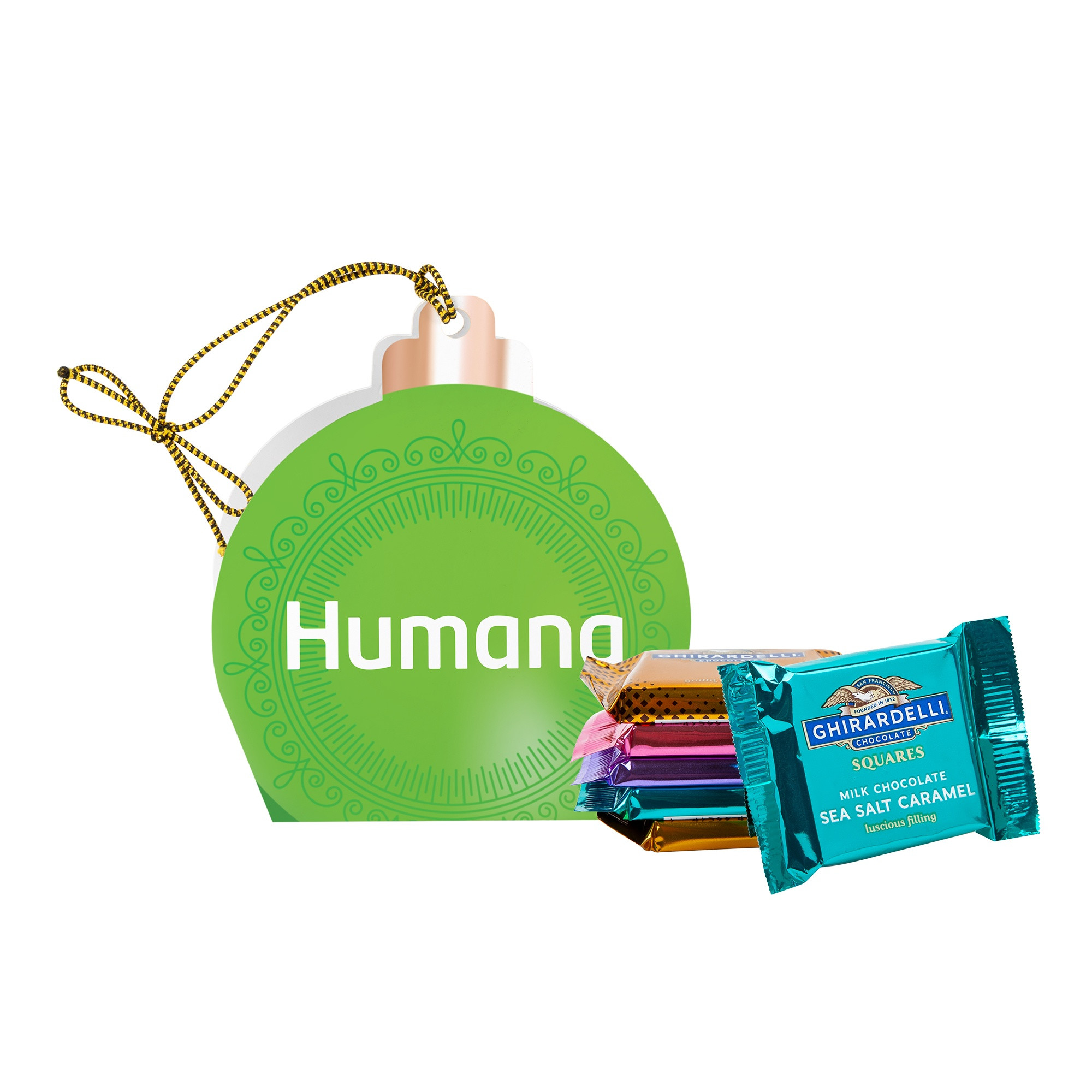 Ghirardelli® Squares Jingle Treats Ornament in a festive ornament-shaped gift box with vibrant full-color holiday graphics, filled with four assorted Ghirardelli® Chocolate Squares, designed for holiday gifting and seasonal celebrations.