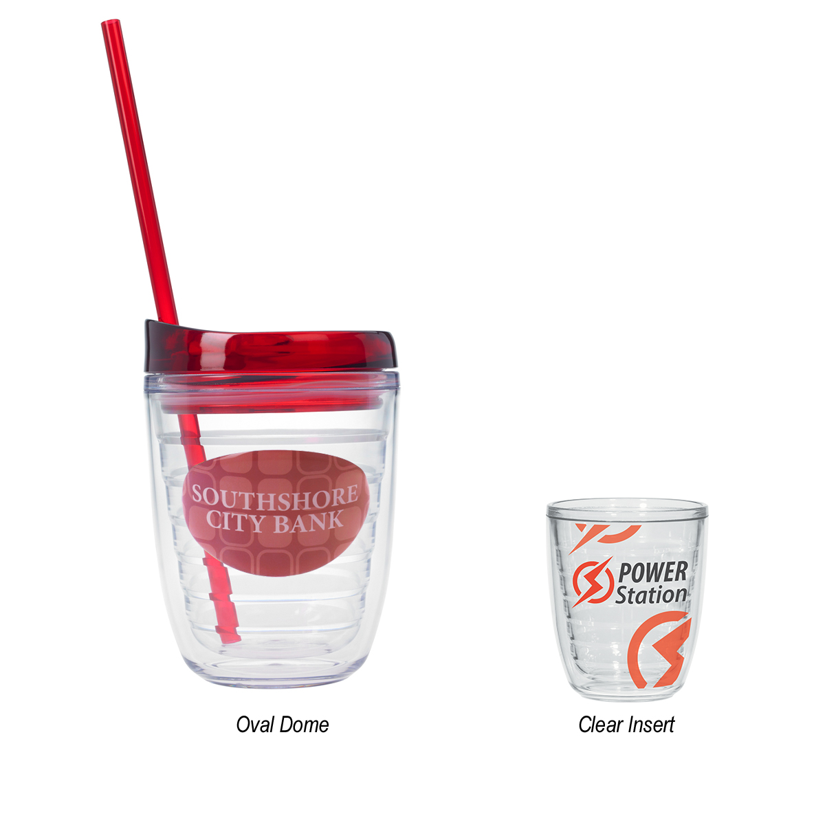 A clear, 12-ounce double-wall insulated Tritan™ tumbler made in the USA, shown with an optional lid and a 9-inch straw.