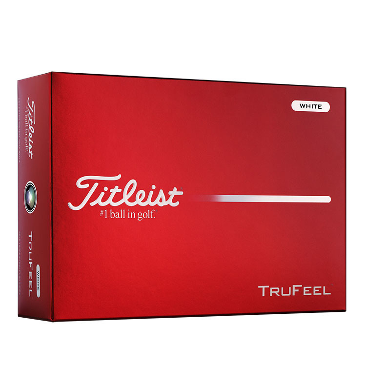 White Titleist TruFeel golf ball featuring an ultra-soft feel, advanced TruTouch core, soft TruFlex cover, and 376 tetrahedral dimple design for long distance and consistent greenside spin.
