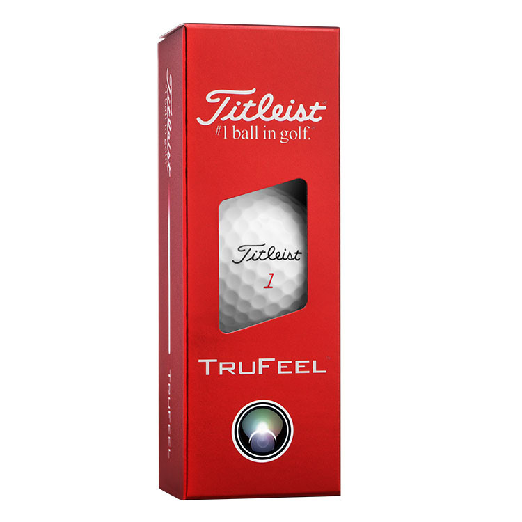 White Titleist TruFeel golf ball featuring an ultra-soft feel, advanced TruTouch core, soft TruFlex cover, and 376 tetrahedral dimple design for long distance and consistent greenside spin.