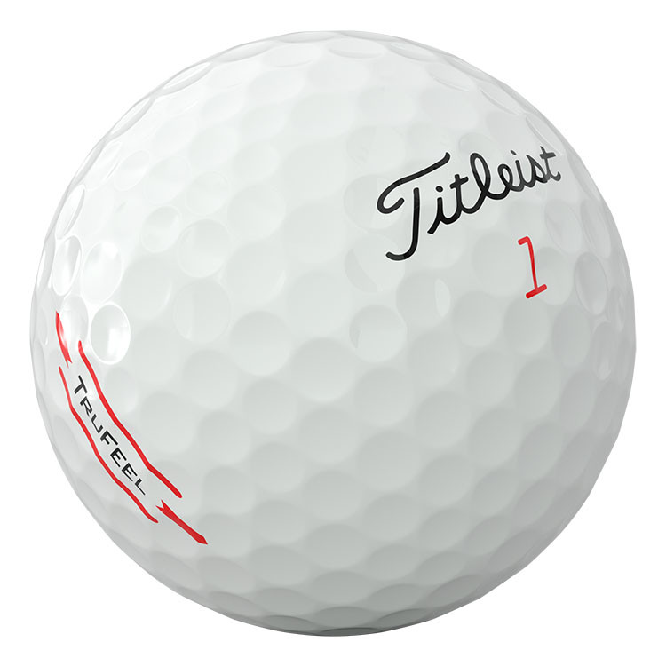 White Titleist TruFeel golf ball featuring an ultra-soft feel, advanced TruTouch core, soft TruFlex cover, and 376 tetrahedral dimple design for long distance and consistent greenside spin.