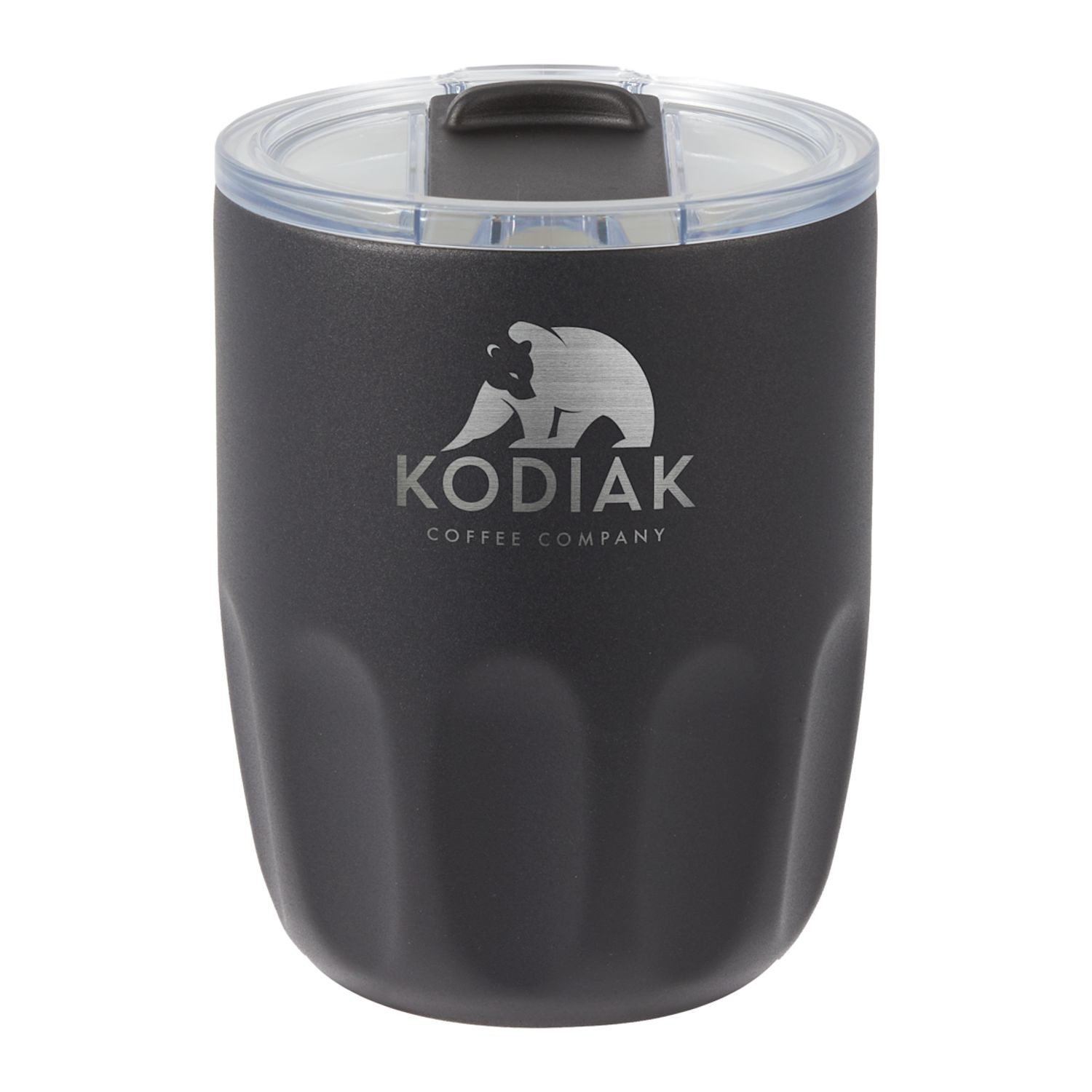 Black insulated coffee cup with ceramic-lined interior, push-on lid with matching slider, and condensation-resistant design for convenient everyday beverage use.