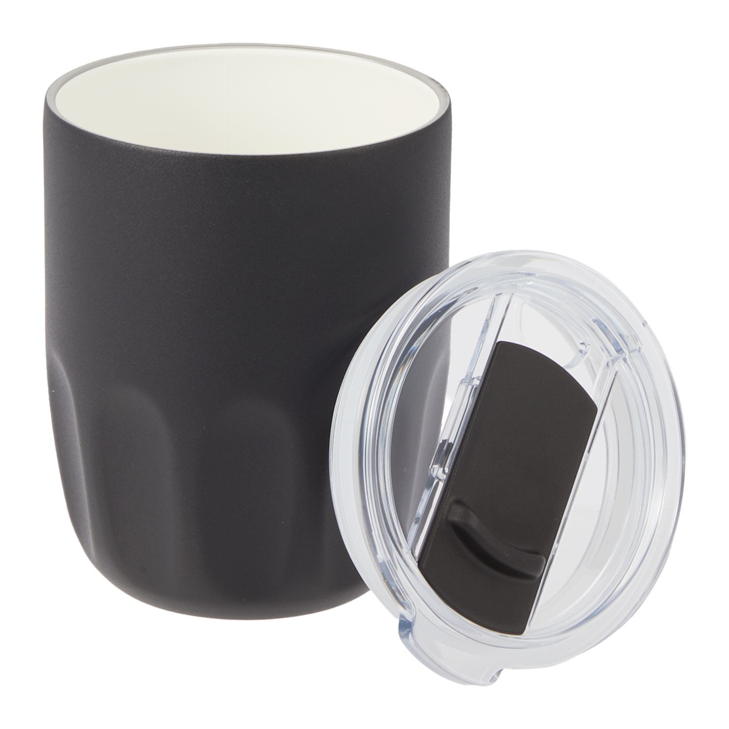 Black insulated coffee cup with ceramic-lined interior, push-on lid with matching slider, and condensation-resistant design for convenient everyday beverage use.
