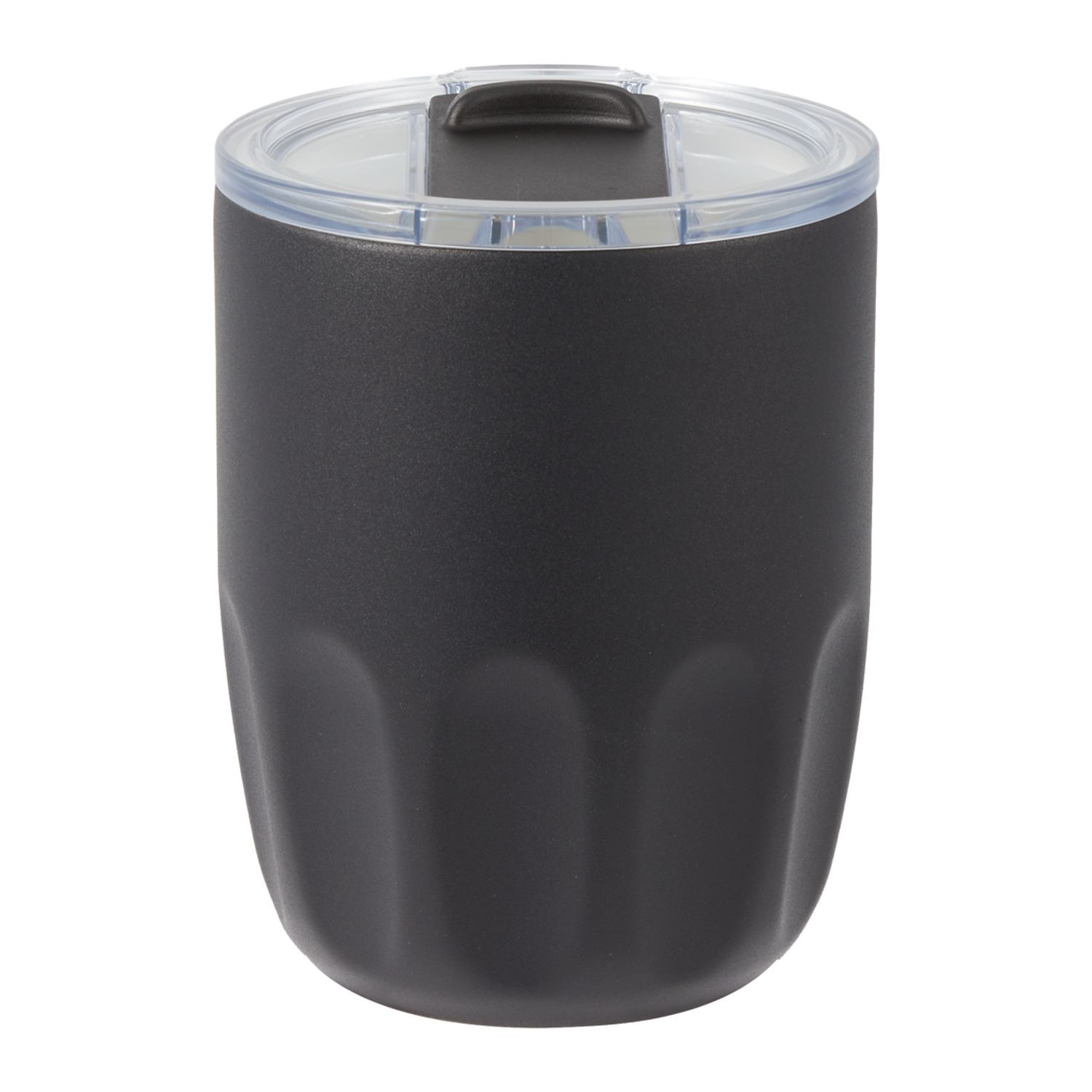 Black insulated coffee cup with ceramic-lined interior, push-on lid with matching slider, and condensation-resistant design for convenient everyday beverage use.