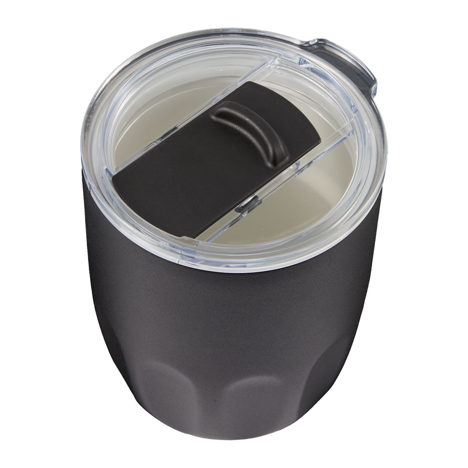 Black insulated coffee cup with ceramic-lined interior, push-on lid with matching slider, and condensation-resistant design for convenient everyday beverage use.